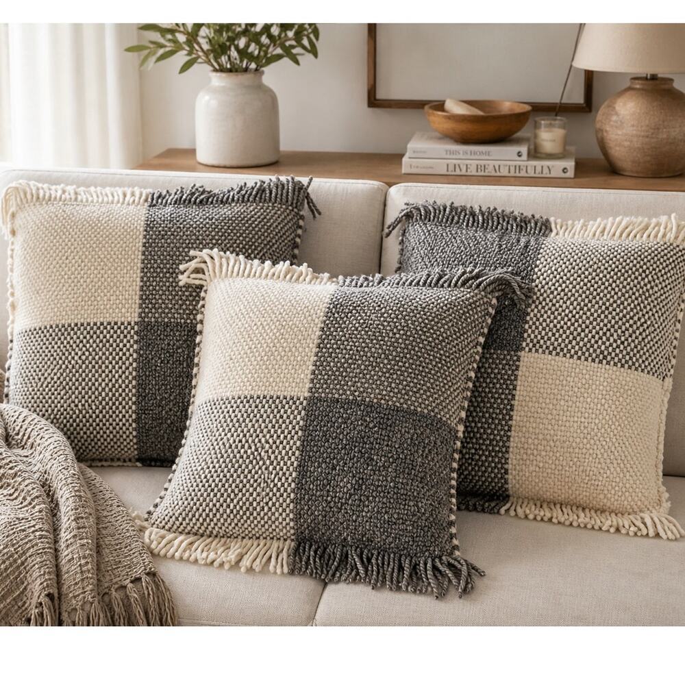 Surya Wool Pillow Cover Set of 3 | 20x20 Gray Cream Fringe Textured Boho